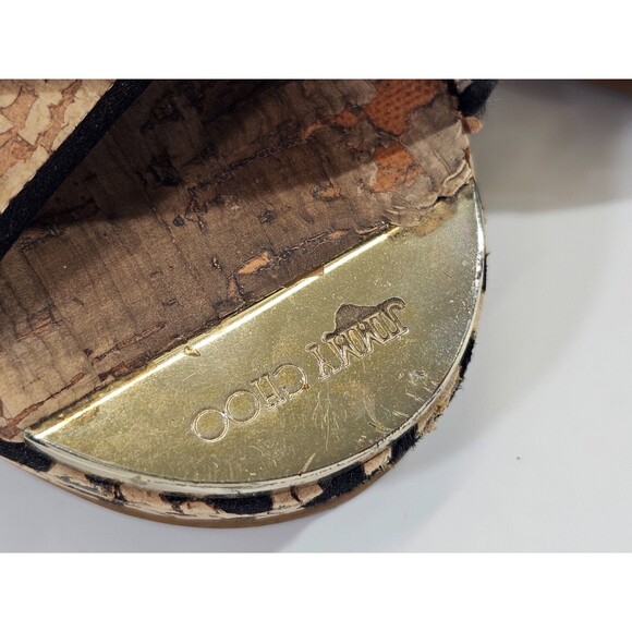 DMS Women's 36 Jimmy Choo Cork Wedge Leopard Peep Toe High Heels Pumps Slides - Picture 6 of 12